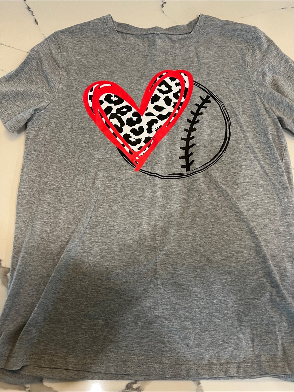 Girls' Gray Soft Tee with Red Leopard Heart & Baseball Graphic